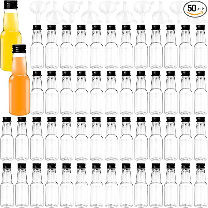 50 Pack 1.7oz Mini Liquor Bottles,Plastic Shot Bottles with Cap Small Water Bottle Empty Alcohol Shot With 10 Funnels for Party Favor,Weddings