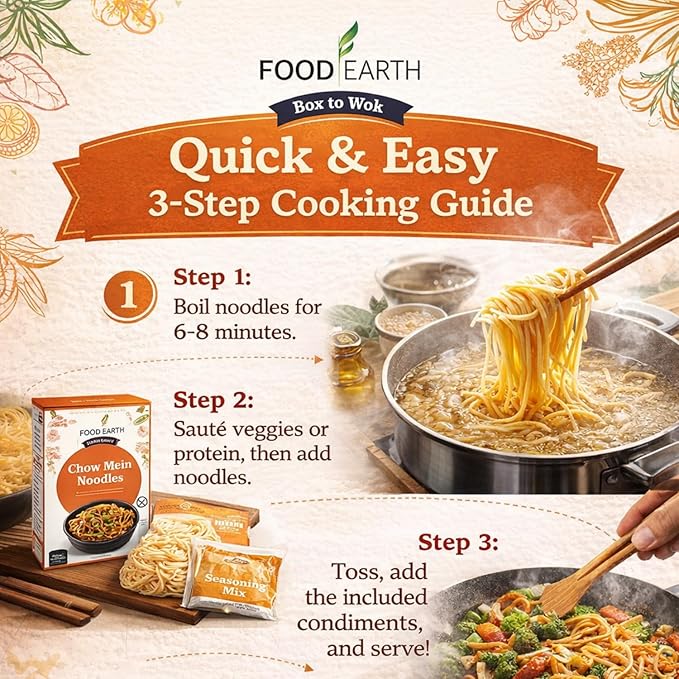 Food Earth Chow Mein Noodles 250g – Authentic Stir-Fry for Asian Cooking | Non-Sticky Wok-Ready Noodles for Chow Mein, Lo Mein, Hakka & Stir-Fry Dishes | Pack of 1