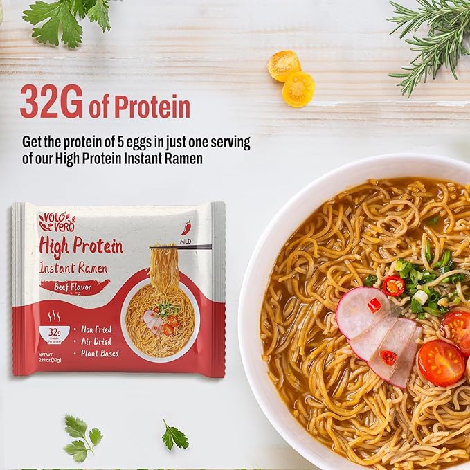 VOLO VERO Protein Ramen Instant Noodles Soup “Spicy” Beef Flavor, 32g High Plant-Based Protein, 8 Packs, Non-Fried, Vegan, Low Fat, Non-GMO, Egg & Dairy Free, Healthy Asian Meal