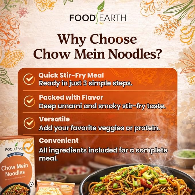 Food Earth Chow Mein Noodles 250g – Authentic Stir-Fry for Asian Cooking | Non-Sticky Wok-Ready Noodles for Chow Mein, Lo Mein, Hakka & Stir-Fry Dishes | Pack of 1