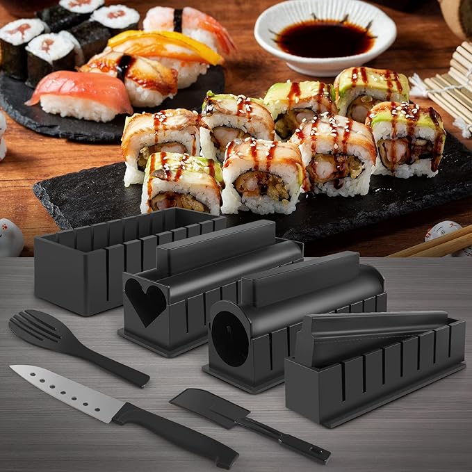 HI NINGER Sushi Making Kit Deluxe Edition Complete Sushi Maker Kit 17PCS Home Sushi Mold Press with Sushi Rice Roll Mold Shapes,Fork,Spatula, Sushi Knife, Sushi Rolling Mat, Chopsticks