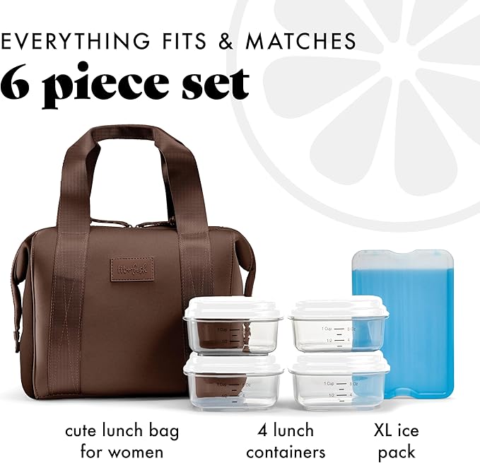 Fit & Fresh Remi Lunch Bag for Women Work – Neoprene Lunch Tote with Containers & Ice Pack, Reusable Meal Prep Lunch Box, Large Capacity, Machine Washable, Chocolate