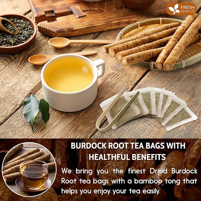 FreshDrinkUS, Premium 75 Burdock Root Tea Bags, 100% Natural & Pure, Herbal Tea. Made with Natural Material Tea Bags. No Sugar, No Caffeine, No Gluten, Vegan.
