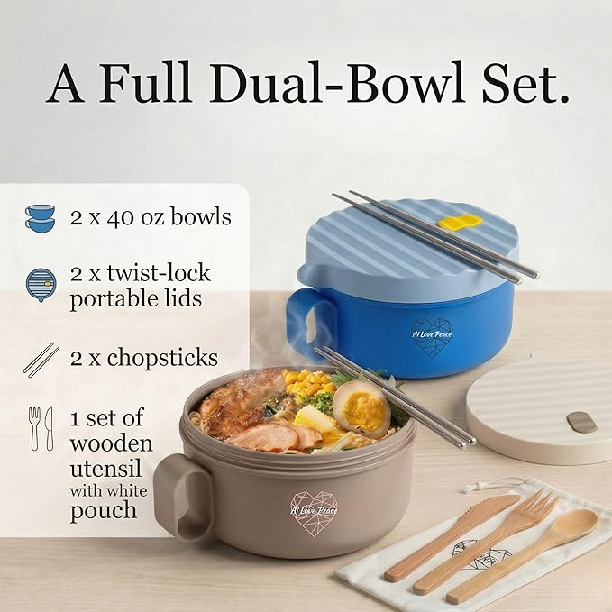 AI LOVE PEACE Microwave Noodle Bowl Set of 2, 40 oz Ramen Bowls with Lids, Dishwasher Safe Soup Bowl for Ramen, Pho, Pasta, Rice, College Dorm Essentials (Beige & Blue)
