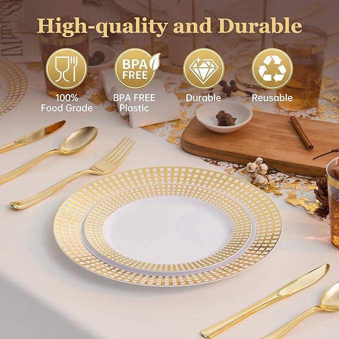 Fijinhom 100PCS Heavy Duty Gold Plastic Plates for 50 Guests, for Party, Wedding, Birthday, Dinnerware Set of 50PCS 10" Dinner Plates & 50PCS 7.5" (Gold)