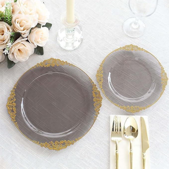 Efavormart 10 Pack | 10" Translucent Black and Gold Baroque Dinner Plates, Leaf Embossed Metallic Rim Heavy Duty Serving Plates for Modern Industrial Galas