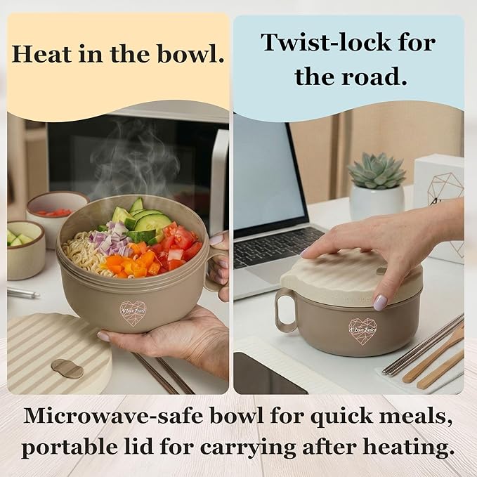 AI LOVE PEACE Ramen Bowl Set of 2, 40 oz Microwaveable Ramen Noodle Bowl Cooker with Lids, Soup Bowls for Pho, Pasta, Rice, Oatmeal, Home Office Dorm (2x Beige)