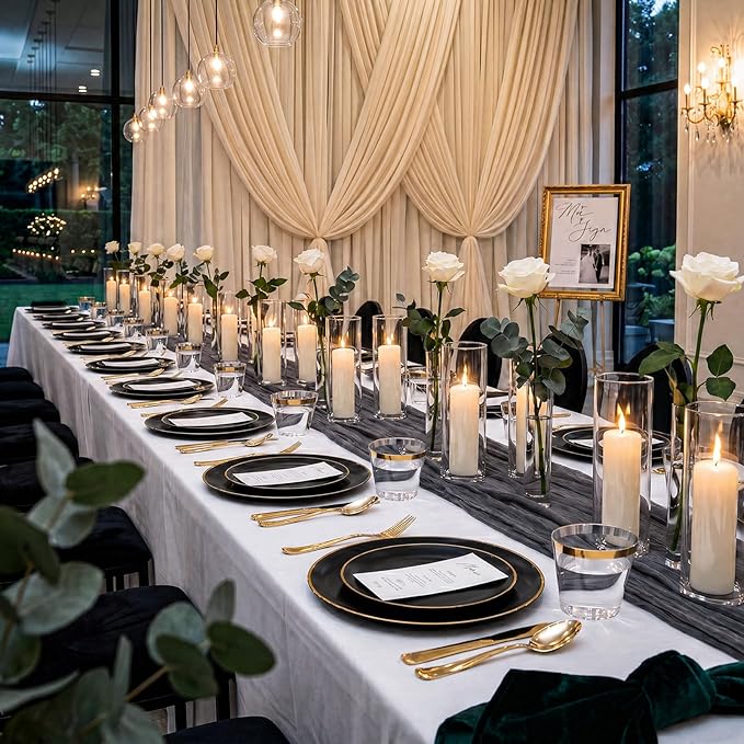 KIRE 100PCS Black and Gold Plates - Black Plastic Plates Disposable with Gold Rim Include 50Pcs 10.25inch Dinner Plate and 50Pcs 7.5inch Dessert/Salad Plate for Party/Wedding/Graduation/Father's Day