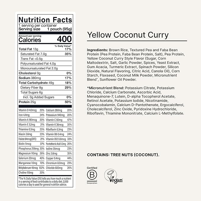 Huel Hot and Savory Meal Packs | Yellow Coconut Curry | Up to 25g Protein Plant Based Instant Meal | 27 Vitamins and Minerals | 100% Nutritionally Complete | 7 Pack