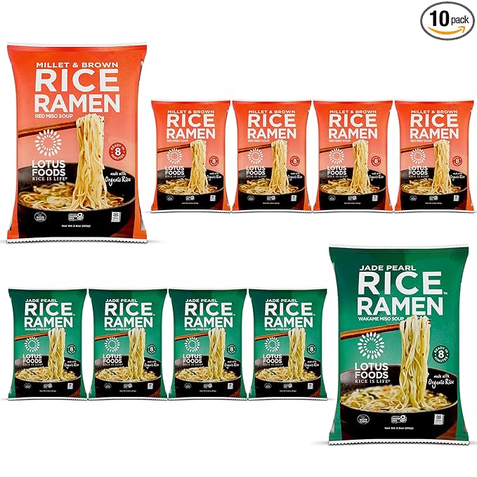 Lotus Foods Bulk Organic Rice Ramen with Miso Soup Variety Bundle - Jade Pearl, Millet & Brown Rice, Gluten Free Rice Ramen, Whole Grain Ramen Noodles - 2.8 oz Bags (Pack of 10)