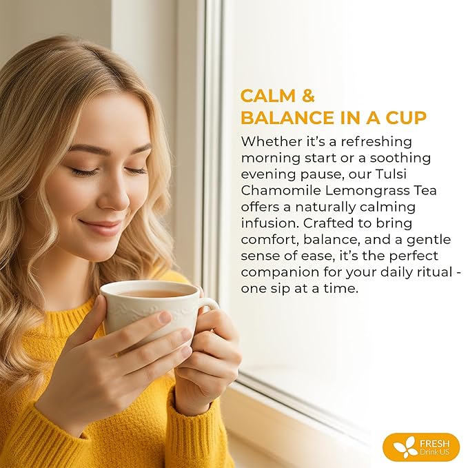 FreshDrinkUS, Premium 75 Tea Bags Tulsi Chamomile Lemongrass Herbal Tea | Blend with Holy Basil, Chamomile Flowers & Lemongrass Leaves – Naturally Caffeine-Free, Soothing Herbal Infusion. Vegan