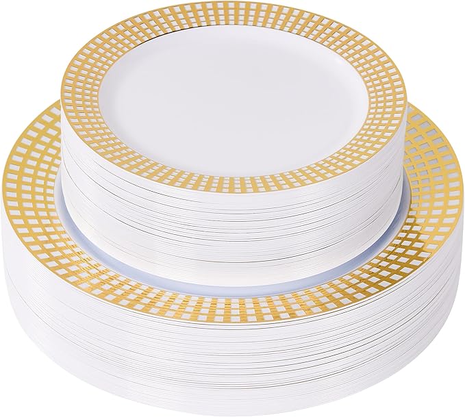 Fijinhom 100PCS Heavy Duty Gold Plastic Plates for 50 Guests, for Party, Wedding, Birthday, Dinnerware Set of 50PCS 10" Dinner Plates & 50PCS 7.5" (Gold)