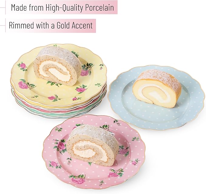 BTaT- Porcelain Floral Plates Set of 8, 8 Inch, Assorted Pastel Colors with Golden Rim, Floral Dessert Plates, Spring Dinnerware, Dishwasher & Freezer Safe