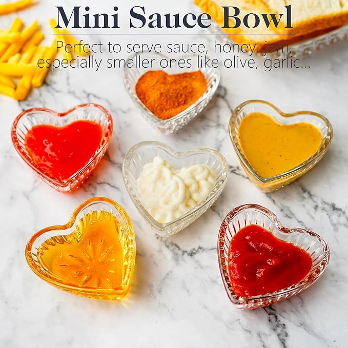 kanpura Mini Glass Bowls, Heart-shaped Prep Bowl, Dishwasher Safe, Pinch Bowls for Dipping Spices Sauce, Stackable, 2 oz, Set of 6, (Clear)