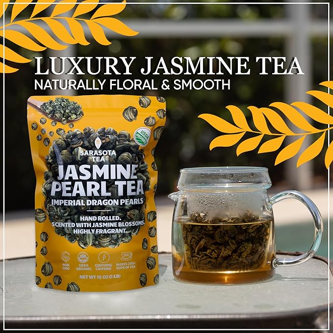 Organic Jasmine Pearls Loose Leaf Tea | Hand-Rolled Green Tea Scented with Jasmine Blossoms | USDA Organic | Premium Dragon Pearls | 1lb (16oz) Bag | Floral & Smooth | Non-GMO