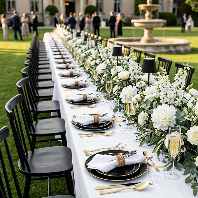 KIRE 100PCS Black and Gold Plates - Black Plastic Plates Disposable with Gold Rim Include 50Pcs 10.25inch Dinner Plate and 50Pcs 7.5inch Dessert/Salad Plate for Party/Wedding/Graduation/Father's Day