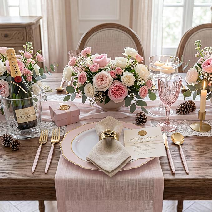 WDF 60pcs Pink Plastic Plates - 10.25inch Baroque Pink And Gold Disposable Dinner Plates for Upscale Parties -Special for Baby Shower/Birthday/Weddings