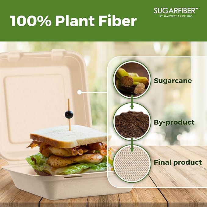Harvest Pack [50 Pack] 8x8" Extra Thick Compostable Clamshell Take Out Food Containers - PFAS Free Heavy-Duty Disposable Sugarcane Bagasse Boxes - Eco-Friendly To-Go Containers for Food, 1-Compartment