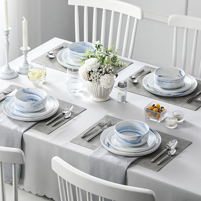 MALACASA Plates and Bowls Sets, 12 Pieces Porcelain Dinnerware Sets Dishware Sets Chip Resistant Ceramic Dish Set Dining Dinner Ware Service for 4, Marble Blue, Series LUNA