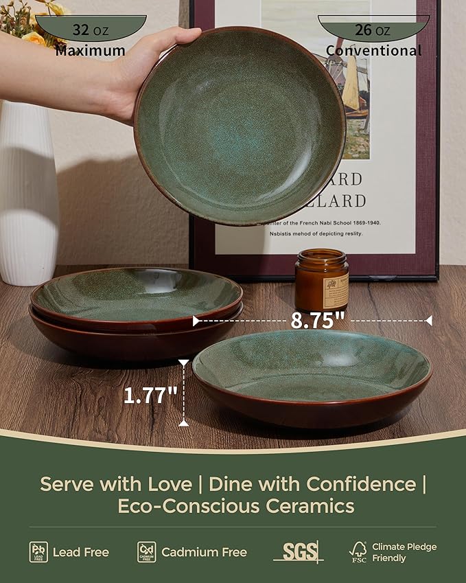 Pokini 32 Piece Double Bowl Dinnerware Sets with Pasta Bowls, Highly Chip and Crack Resistant Plates and Bowls Sets, Natural Earthyware Ceramic Dishware Sets, Service for 8 Brown Green