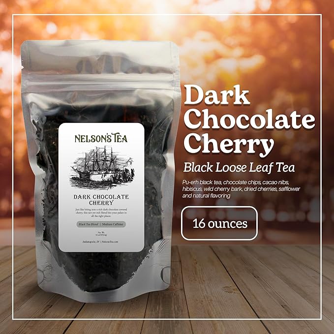 Nelson's Tea Dark Chocolate Cherry - Cut & Sifted Pu-erh Black Tea Loose Leaf with Rich Blend of Chocolate Chips, Wild Cherry Bark, Cacao Nibs and Dried Cherries - Medium Caffeine (16 oz)