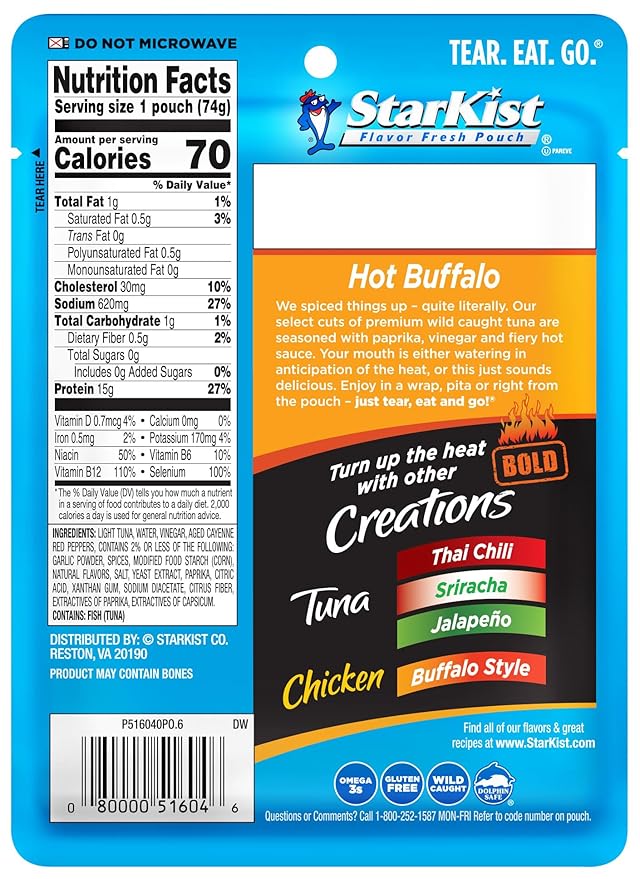 StarKist Tuna Creations BOLD Hot Buffalo Pouch (2.6 oz) Wild Caught, High Protein Shelf Stable Seafood, Gluten Free, No Draining, Ready to Eat for Salads and Sandwiches (Pack of 5)