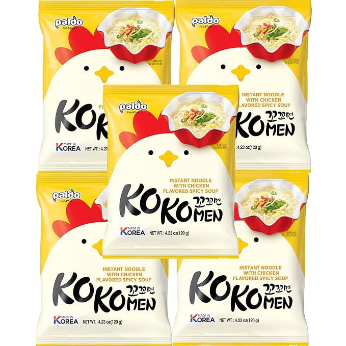 Paldo Fun & Yum Kokomen Ramen Hot Spicy Instant Noodles with Soup, Pack of 5, Chicken Based Broth, Best Oriental Style Korean Ramyun, K-Food, 꼬꼬면 120g x 5