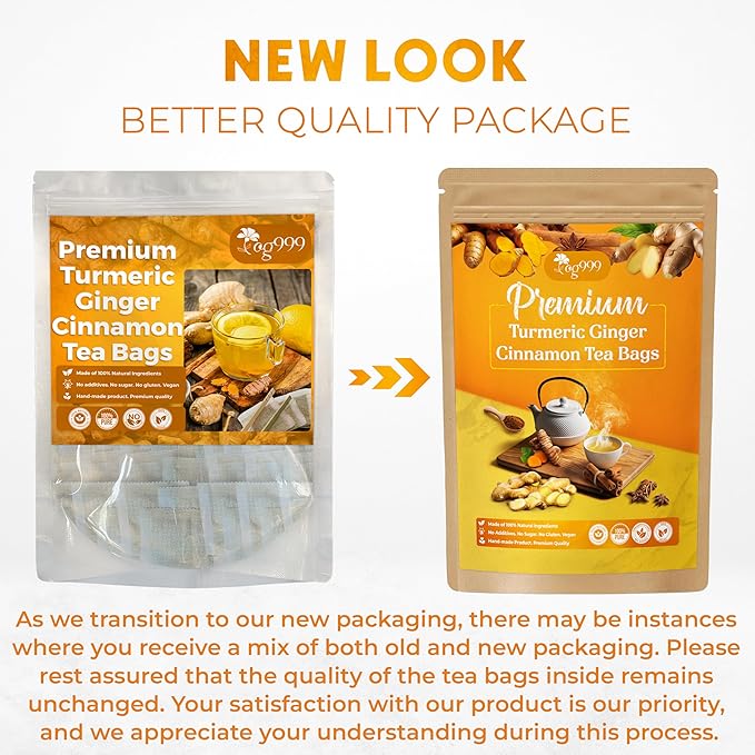 TOG999, 60 Bags Premium Turmeric Ginger Cinnamon Tea, Improve Digestion, Support Brain, Weight, Skin and Sleep, Eco-Conscious Tea Bags and Premium Natural Ingredients. Turmeric Ginger Herbal Tea. No Sugar, No Caffeine, No Gluten, Vegan.