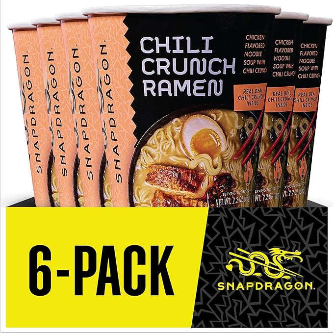Snapdragon Chili Crunch Ramen Cup Noodles - 6 Pack Instant Ramen Bowl with Authentic Wheat Noodles, Soup Sauce Base, Vege Pack and Chili Crunch Oil. Microwave or Hot Water, Easy Meal Prep