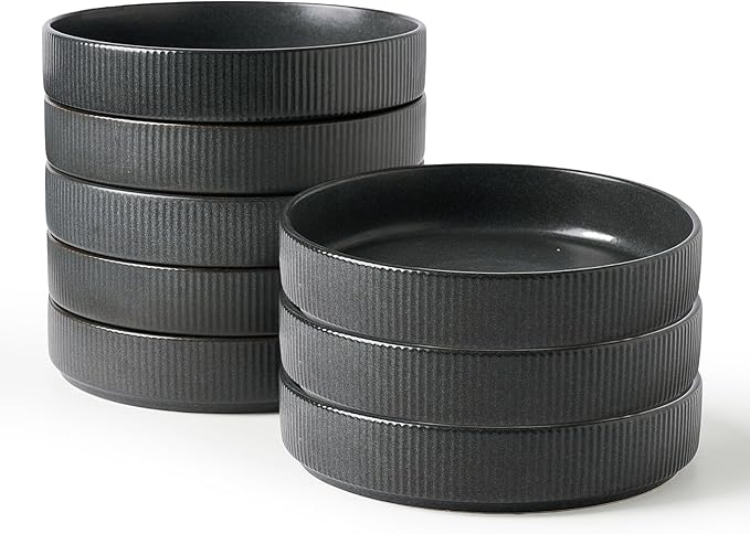 famiware Star 7.5" Pasta Bowls Set, Salad Bowl Set of 8, Double Reactive Glaze, Stackable, Ideal for Your Friend for Housewarming, Festivals, Matte Dark Charcoal (Full Glaze)