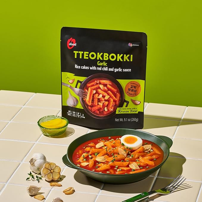 O’Food Tteokbokki Korean Rice Cakes – [Garlic | Pack of 1] – Gluten-Free (Except BBQ), Healthy/Savory/Bold/Fiery, 0 Cholesterol/ 0 Trans Fat/No MSG/No Corn Syrup, Spicy Street Snack, Ready in Minutes