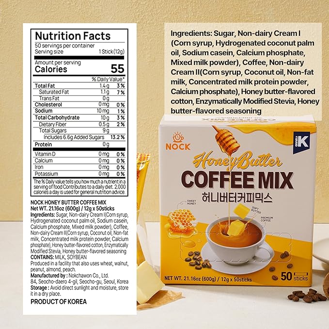 [Nokchawon] Honey Butter Instant Coffee - Premium Korean 3-in-1 Coffee Mix Sticks - Sweet Dessert Coffee for Spring Morning Ritual and Office Break - 50 Count Pack