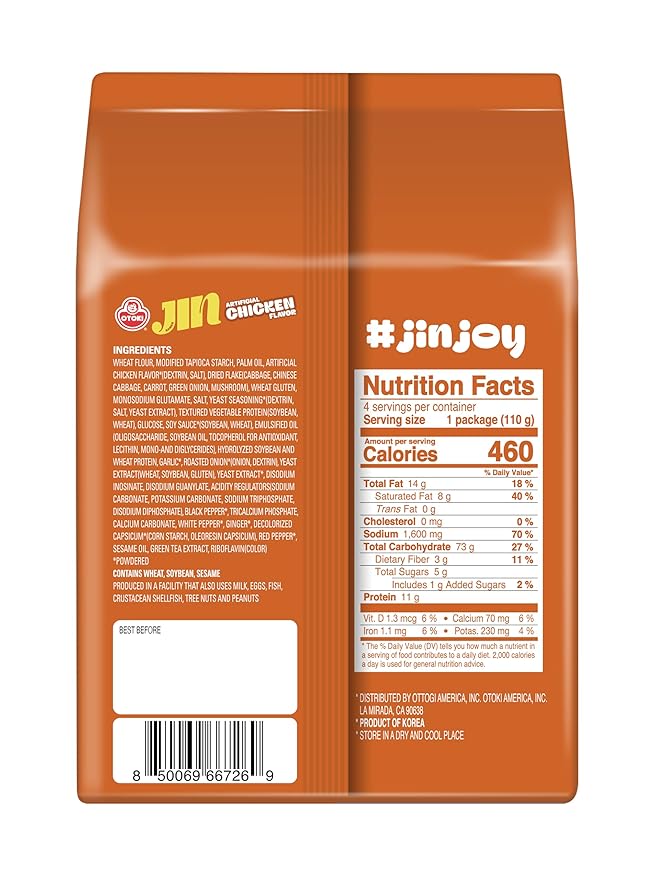 OTOKI Jin Ramen Chicken Korean Instant Ramen, Savory Chicken Broth with Vegetables, Mild Comfort Flavor, Ready in 4 Minutes, 4.23 oz (Pack of 4)