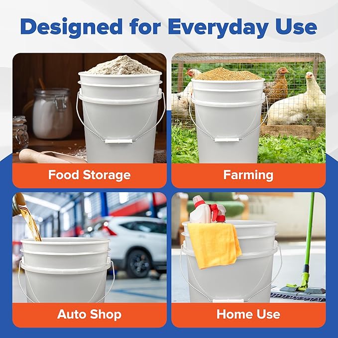 ePackageSupply 5 Gallon Bucket - Food Grade Bucket with Airtight Gamma Seal Screw-On Lid, BPA-Free, Heavy-Duty 90 Mil HDPE Plastic, Bulk Storage, Durable Container, Made in USA, White/White, 120 Packs