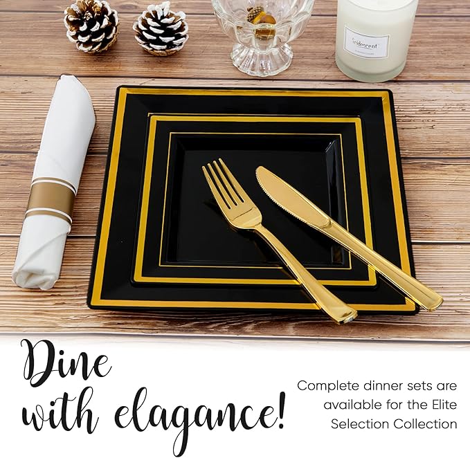 JOLLY CHEF 60 Pack Halloween Birthday Plastic Plates- Square Gold Plastic with Elegant Gold Rim 9.5 Inch Black Disposable Plates for Wedding, Birthday, Halloween and Party