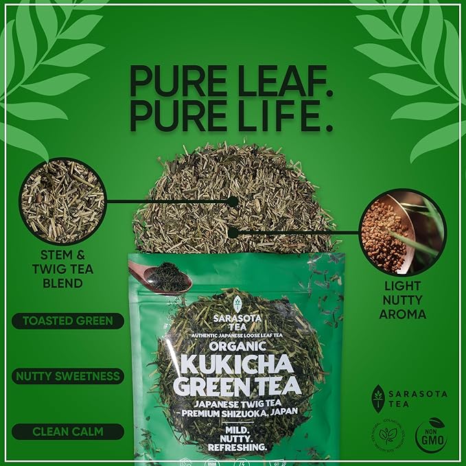 Kukicha Green Tea Loose Leaf | Japanese Twig & Leaf Green Tea | Low Caffeine | Smooth & Nutty Flavor | 4.4 oz Bulk Bag | Antioxidant Rich | Hot or Iced | Non-GMO