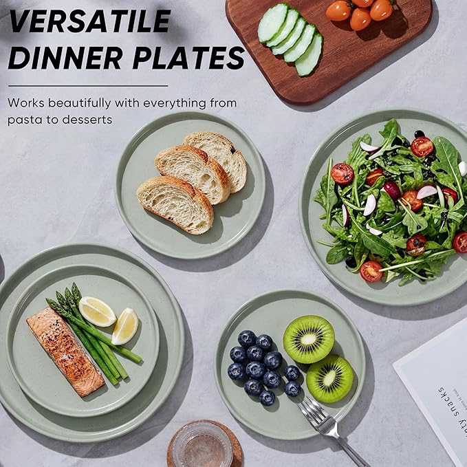 E-far 7.9 Inch Ceramic Dinner Plates, 6-Piece Stoneware Salad Plates with Raised Edges, Chip & Scratch Resistant | Microwave & Dishwasher Safe Dessert Dishes for Appetizer Salad, Speckled Green