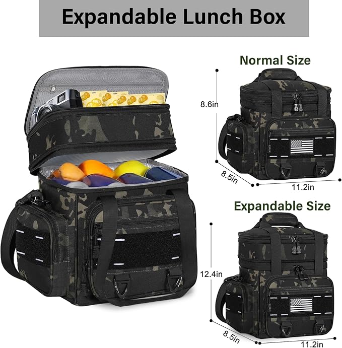 TENKIST Expandable Tactical Lunch Box, Large Insulated Lunch Cooler Bag Heavy Duty Leakproof Lunch Pail for Men Adults Work Office Outdoor Picnic Trips,16L,Black-Camo