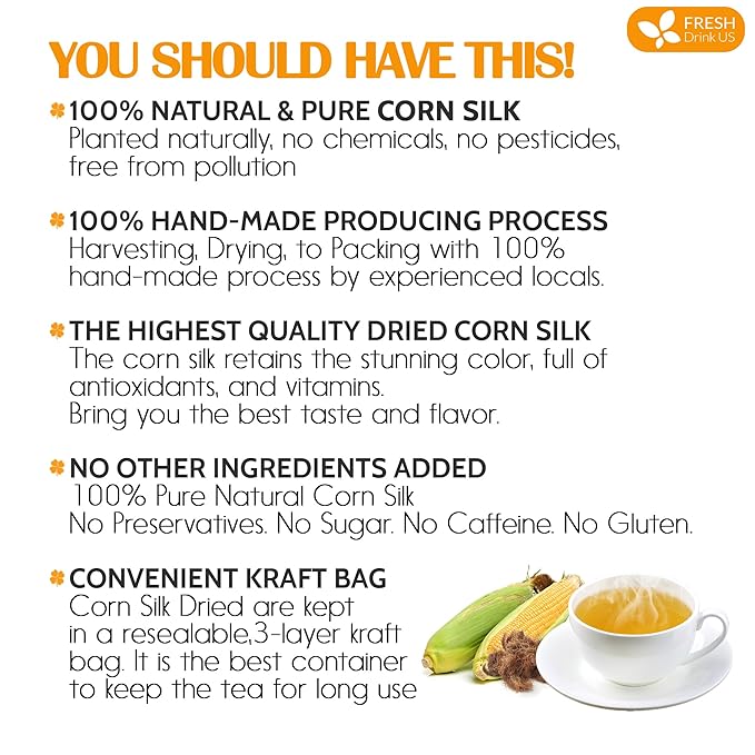 FreshDrinkUS, Dried Corn Silk 8oz | Premium Whole Corn Silk for Tea & Herbal Infusions | Naturally Air-Dried, Non-GMO, Caffeine-Free | Perfect for Daily Herbal Tea, DIY Blends & Natural Brewing