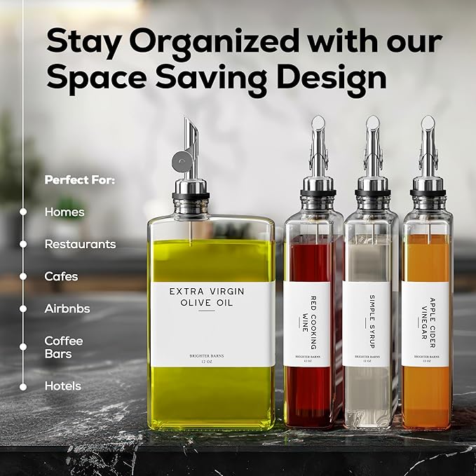 Glass Olive Oil Dispenser Bottle for Kitchen by Brighter Barns - Oil and Vinegar Dispenser Set, Coffee Syrup Bottles - Modern Decor for Restaurants, Coffee Station Accessories (Clear/Silver, Set of 2)