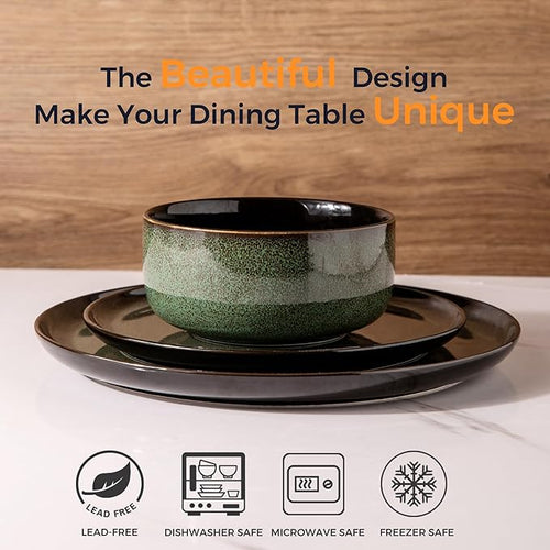 LERATIO Ceramic Dinner Plates Set of 6, 10.5 Inch Reactive Glaze Porcelain Plates, Modern Shape Dinnerware Dishes Set for Kitchen,Microwave&Dishwasher&Oven Safe, Scratch Resistant-Green