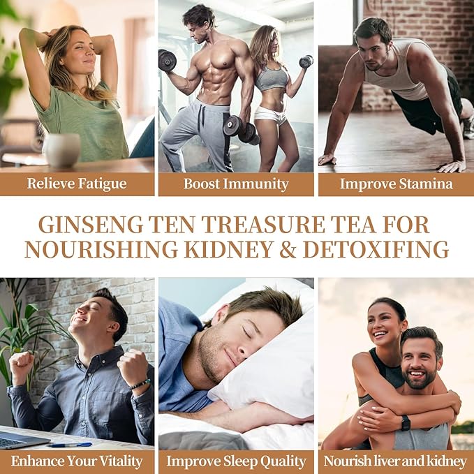 60Pcs Ginseng Ten Treasures Tea, Chinese Traditional Kidney Care Herbal Tea, Natural Kidney Cleanse Detox Tea for Women & Men, 10 Precious Ingredients Formula(60Bags, 600g)