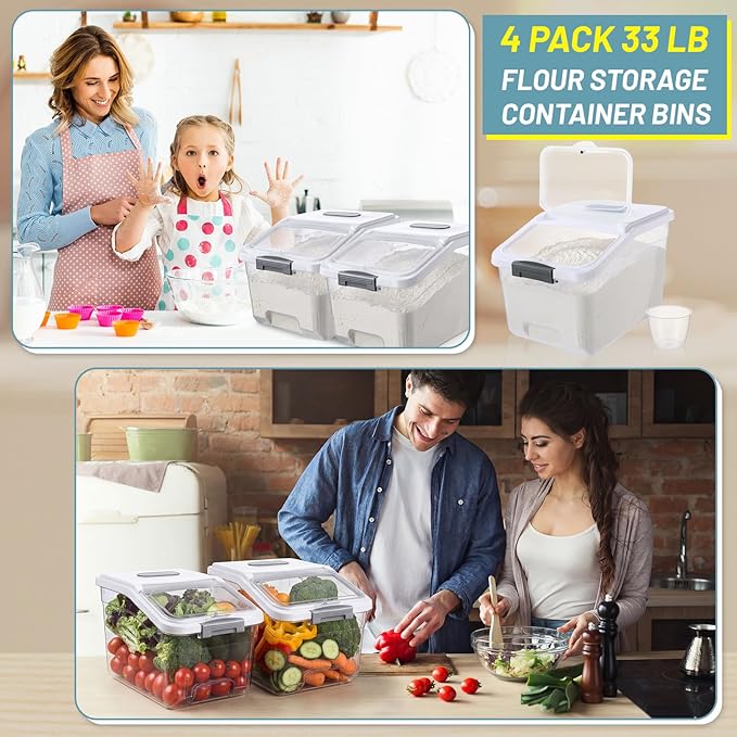 Blushtier 4 Pack Large Rice Storage Containers 30 Lbs Airtight Flour Container with Seal Locking Lid and Measuring Cup Kitchen Dry Food Storage Bins for Cereal Sugar Beans(Transparent and White)