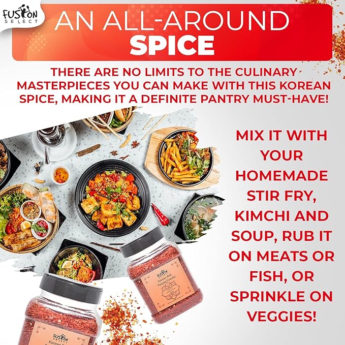 Fusion Select Korean Non-GMO Red Chili Pepper Flakes Powder, Gluten Free, Premium Gochugaru for Kimchi, Chicken, Pork, Fish, Vegetables Seasoning Korean BBQ Hot Pepper Coarse Powder Flakes 12 OZ