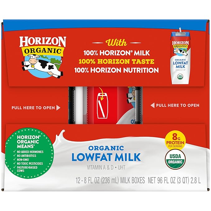Horizon Organic Shelf Stable 1% Lowfat Milk Boxes, Pack of 12 - 8g Protein per Serving