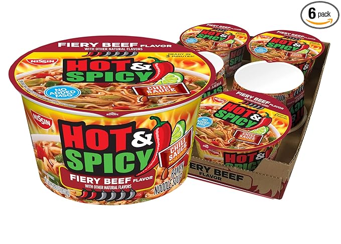 Nissin Hot & Spicy Ramen Noodle Soup, Fiery Beef, 3.28 Ounce (Pack of 6)