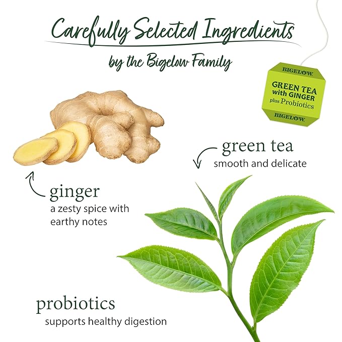 Bigelow Tea Green Tea with Ginger Plus Probiotics, Caffeinated, 18 Count, (Pack of 1), 18 Total Tea Bags