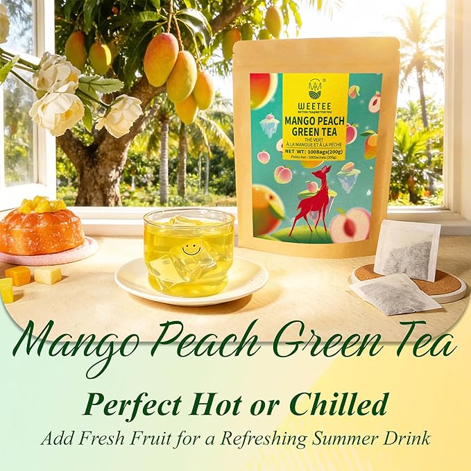 WT WEETEE Mango Peach Green Tea Bags 100 Count, Flavored Steam Green Tea, Natural Mango & Peach Flavoring, No Add Sweeter | Fruity & Refreshing Hot or Iced Tea