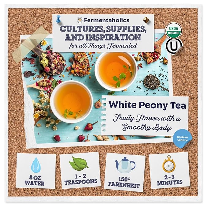 Fermentaholics White Peony Tea – 2 oz – USDA Certified Organic Loose Leaf – Delicate Flavor for Kombucha Brewing, Hot or iced tea