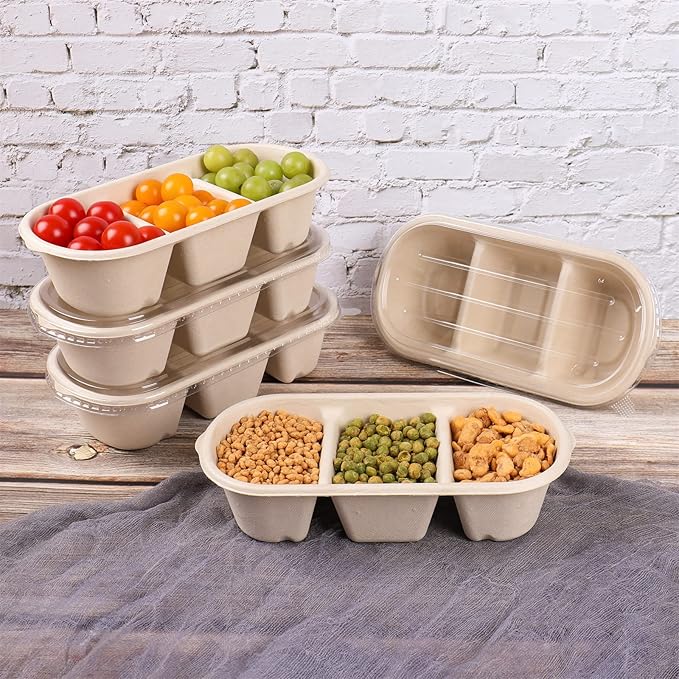 disposable paper 35 oz 3 compartments bowls with lids, Sugarcane Fiber Bowls For Snack, Dessert, Meal Prep 50 Pack